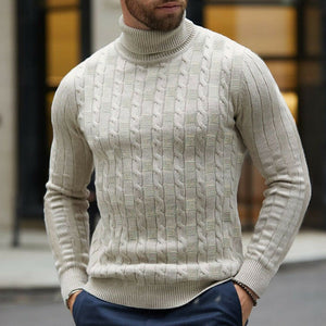 Men's White Cable Knit Long Sleeve Turtleneck Sweater