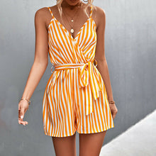 Load image into Gallery viewer, V-Neck Yellow Stripe Sleeveless Drawstring Jumpsuit