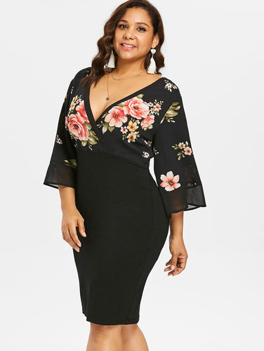 Plus Size Black Floral Kimono Sleeve Midi Dress