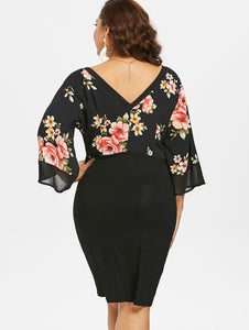 Plus Size Black Floral Kimono Sleeve Midi Dress