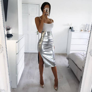 Metallic Silver High Waist Pencil Skirt