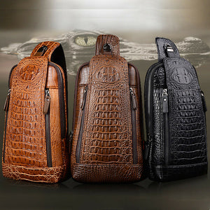 Men's Brown Crocodile Style Leather Zip Front Cross Body Bag