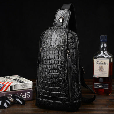 Men's Black Crocodile Style Leather Zip Front Cross Body Bag