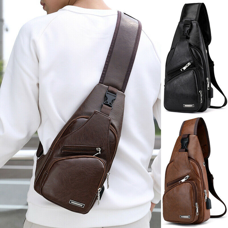 Men's Dark Brown Leather Zip Front Cross Body Bag