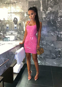 Pink Faux Leather Latex Sleeveless Bodycon Dress