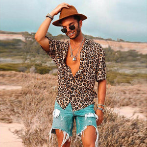 Men's Casual Summer Leopard Button Down Short Sleeve Top