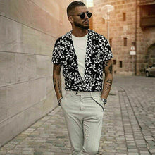 Load image into Gallery viewer, Men&#39;s Black Printed Loose Fit Button Down Short Sleeve Top