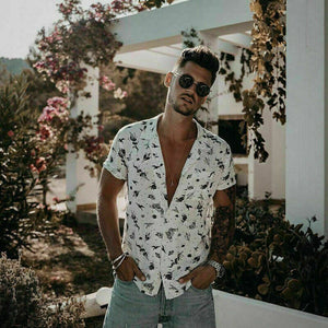 Men's White Printed Loose Fit Button Down Short Sleeve Top