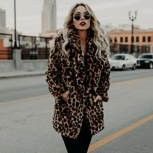 Faux Fur Brown Cheetah Printed Long Sleeve Winter Coat