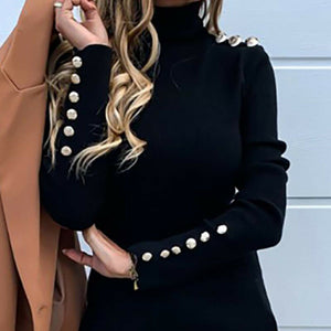 Gold Button Long Sleeve Turtleneck Sweater Top