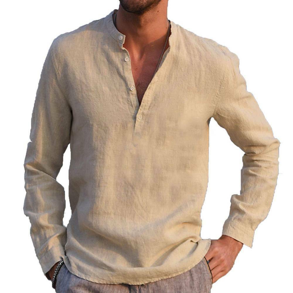 Men's Beige Linen Style Long Sleeve Button Down Shirt