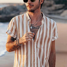 Load image into Gallery viewer, Men&#39;s Brown &amp; White Striped Button Down Short Sleeve Shirt