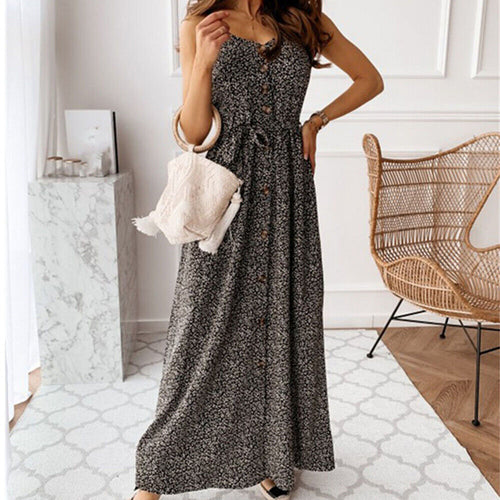 Floral Boho Black Sleeveless Button Down Maxi Dress