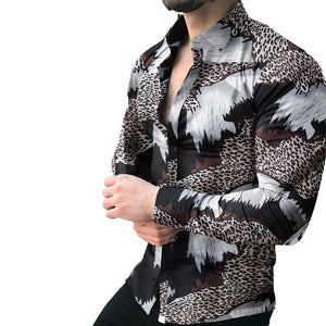 Men's Brown/Gray Animal Print Button Down Long Sleeve Shirt