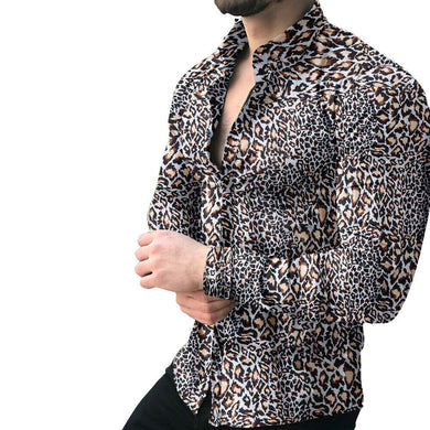 Men's Brown/Gray Animal Print Button Down Long Sleeve Shirt