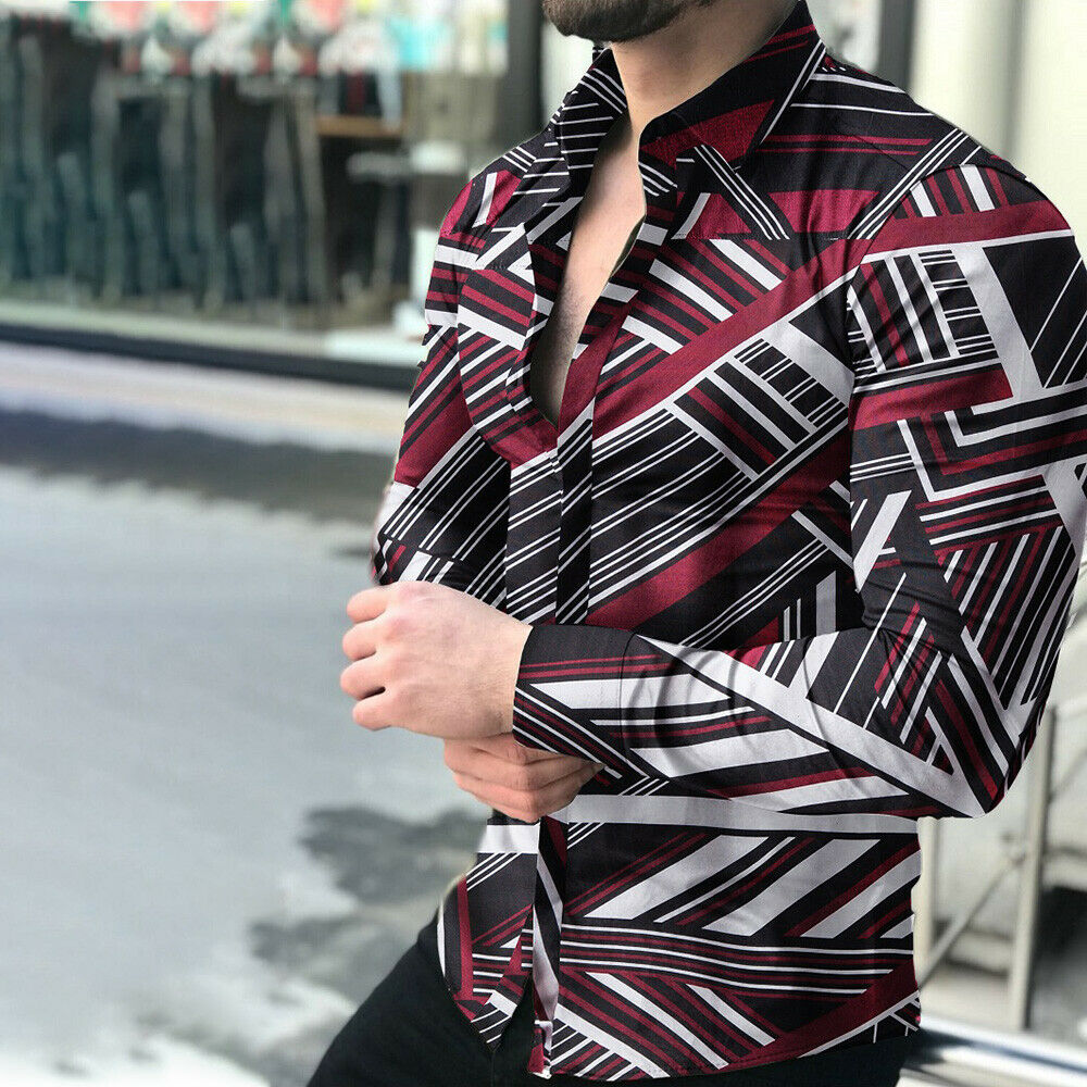Men's Red/Black Geo Striped Button Down Long Sleeve Shirt