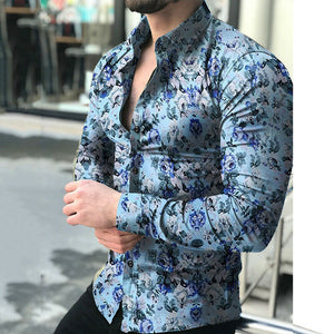 Men's Mint Blue Modern Multi Floral Long Sleeve Button Down Shirt