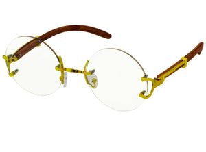 Men's Rimless Retro Style Round Clear Lens Gold & Wood Frame