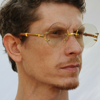 Men's Rimless Retro Style Round Clear Lens Gold & Wood Frame