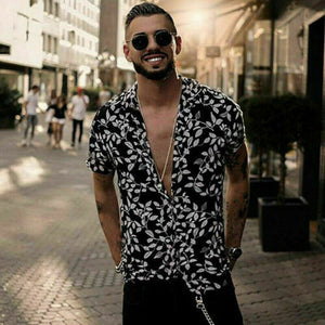 Men's Black Printed Loose Fit Button Down Short Sleeve Top