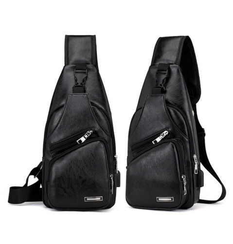 Men's Black Leather Zip Front Cross Body Bag