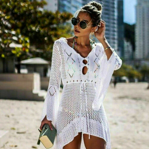 White Crochet Bell Sleeve Dress Cover Up