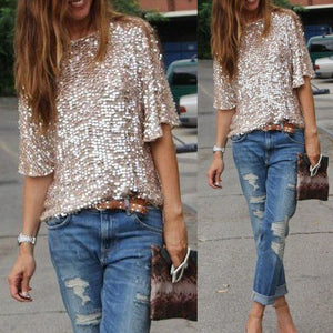 Sparkling Silver Sequin Short Sleeve Top-S/M