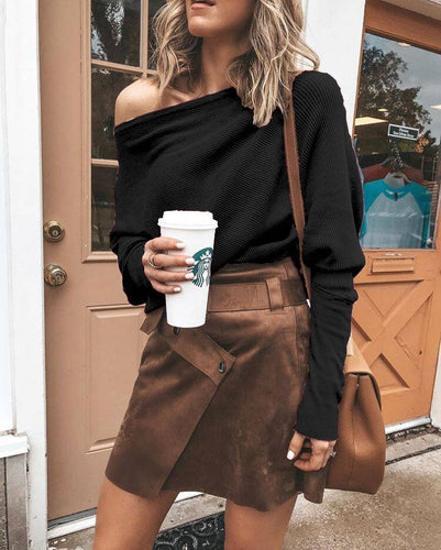 Slouchy Black One Shoulder Long Sleeve Knit Top