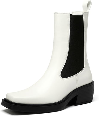 White Classic Square Toe Slip-On Chelsea Ankle Boots
